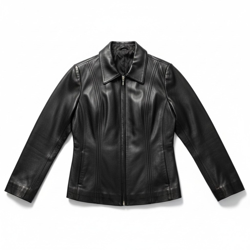 Jacqueline Ferrar Black Genuine Lambskin Leather Zip Up Jacket Womens Medium